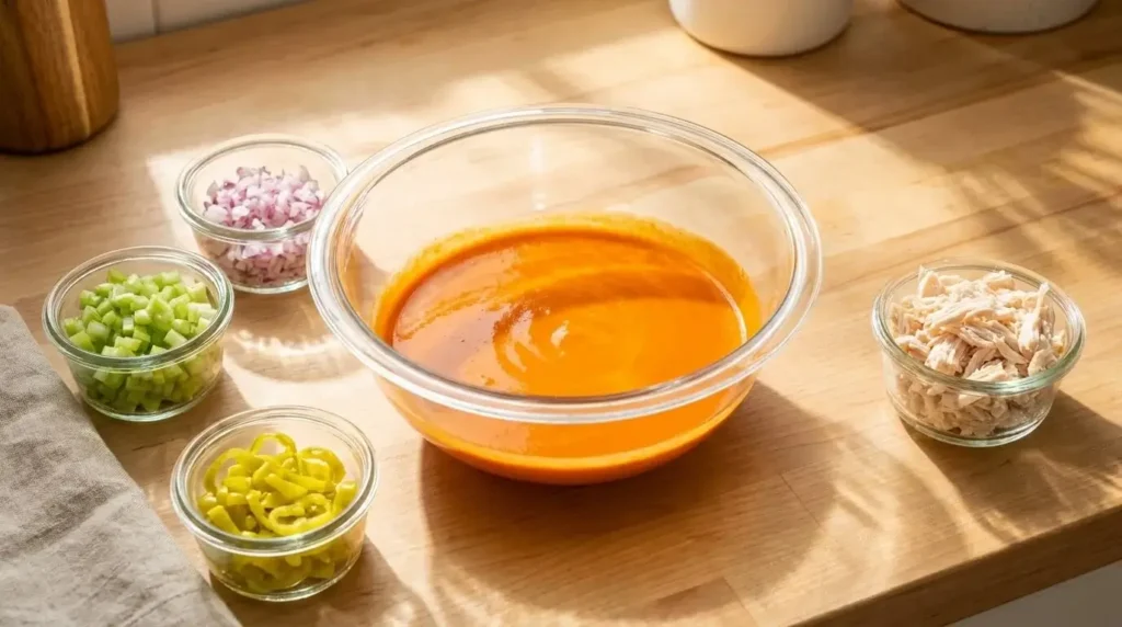 Glass mixing bowl with creamy orange buffalo dressing next to bowls of diced celery, red onion, and shredded chicken.