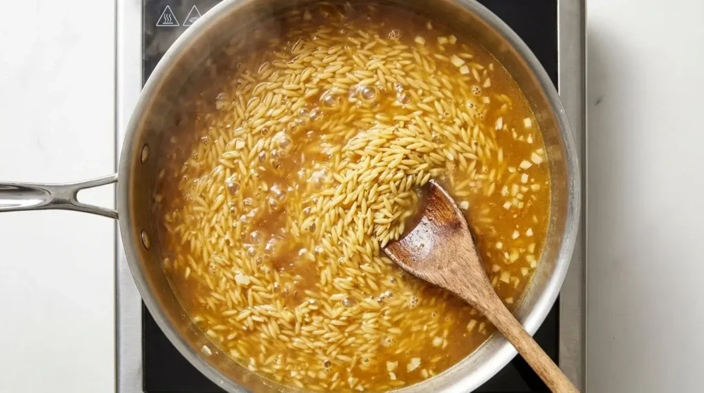 Dry orzo pasta simmering in savory vegetable broth inside a wide stainless steel pan on a stovetop.