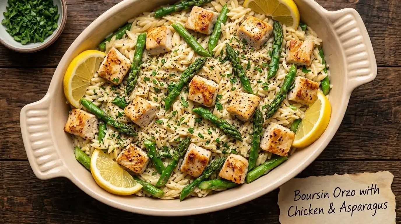 Creamy Boursin orzo pasta with seared chicken breast cubes and asparagus in a stoneware dish garnished with lemon wedges.