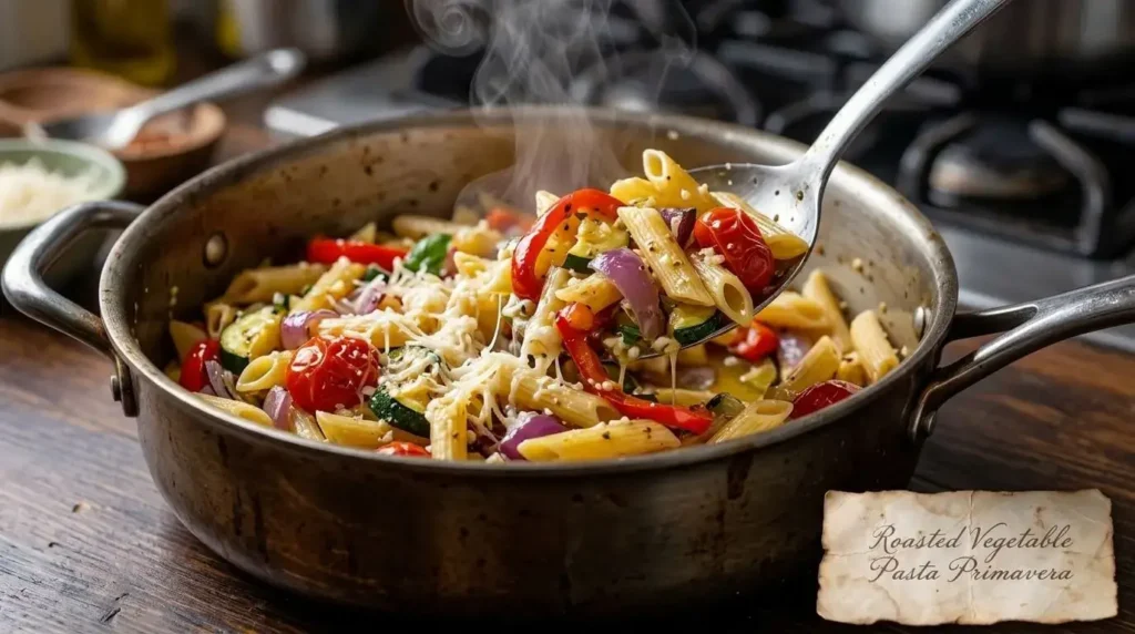 Tossing penne pasta with roasted zucchini, tomatoes, garlic olive oil, and Parmesan cheese in a pot.