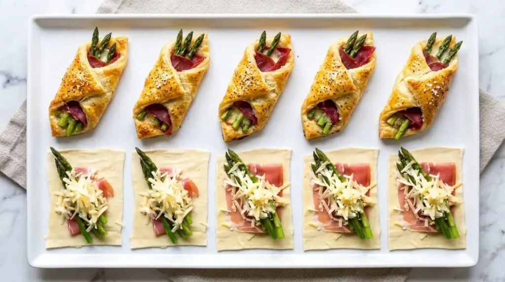 A platter of golden-brown Asparagus, Prosciutto and Gruyère Puff Pastry Bundles garnished with sea salt.
