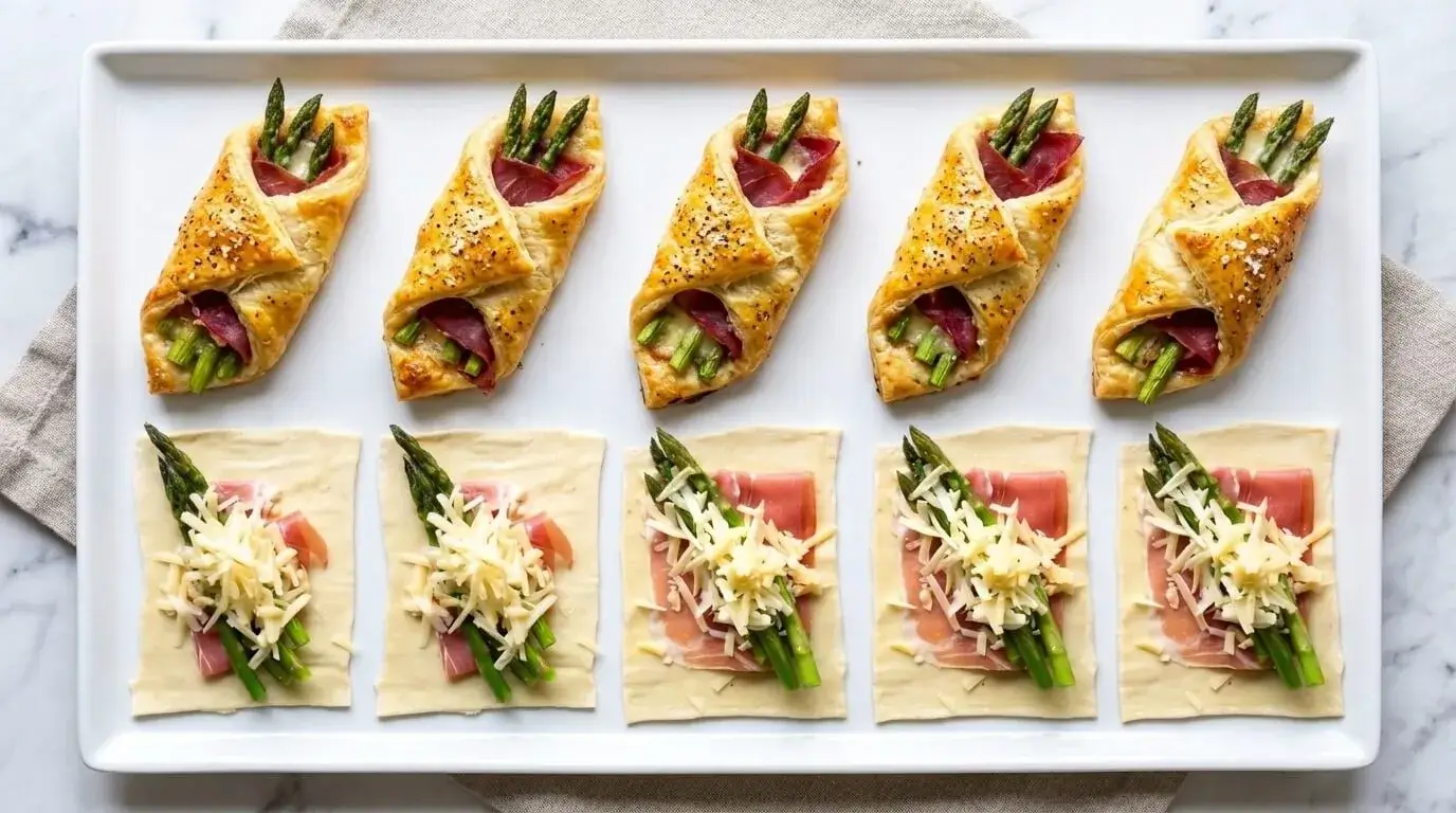 A platter of golden-brown Asparagus, Prosciutto and Gruyère Puff Pastry Bundles garnished with sea salt.
