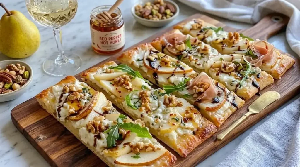 Gourmet Pear Gorgonzola and Walnut Flatbread served with fresh arugula on a wooden board.
