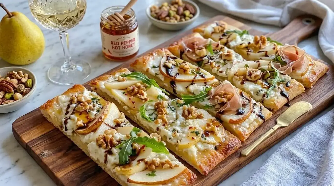 Gourmet Pear Gorgonzola and Walnut Flatbread served with fresh arugula on a wooden board.