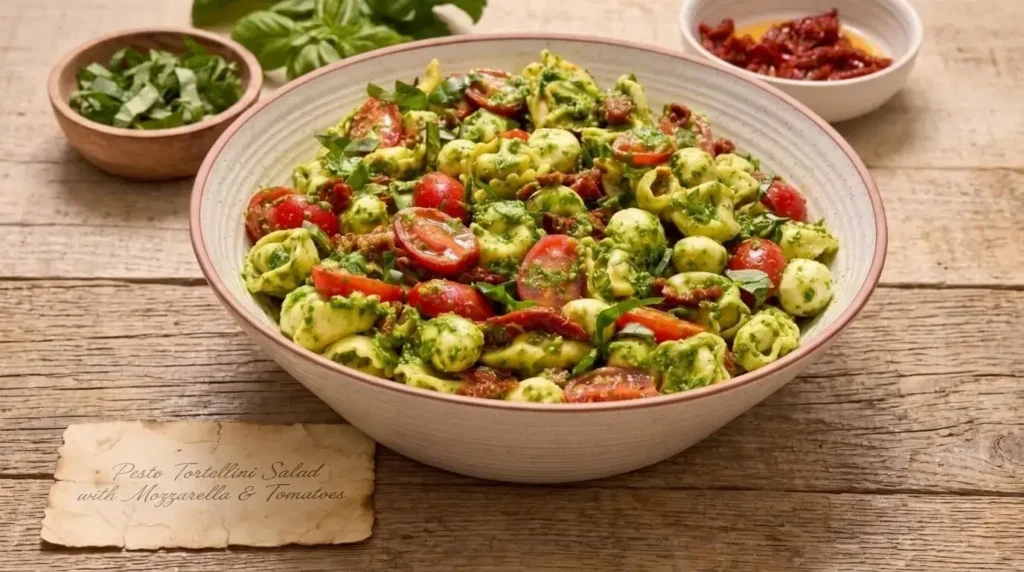 Large ceramic bowl of pesto tortellini salad with fresh mozzarella pearls, cherry tomatoes, and sun-dried tomatoes on a wooden table.