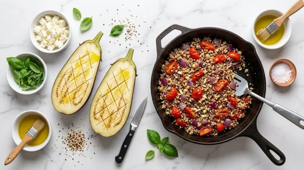Roasted Mediterranean eggplant boats prep process with scored eggplant halves and quinoa filling.