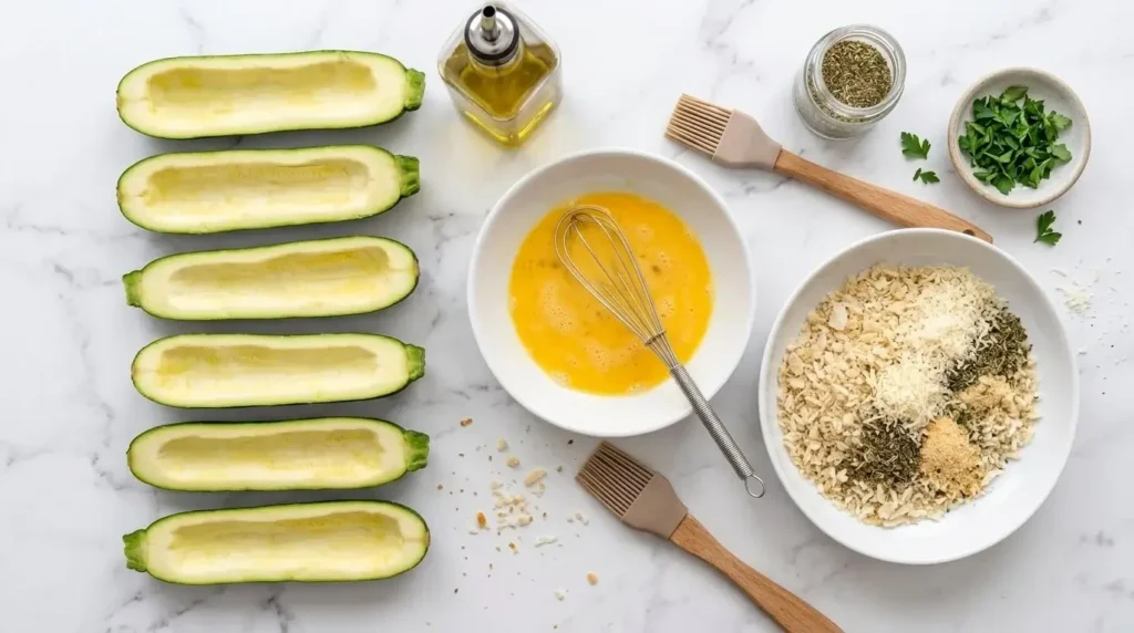 Scooped green zucchini halves next to shallow bowls of egg wash and Panko breadcrumb parmesan coating mixture.