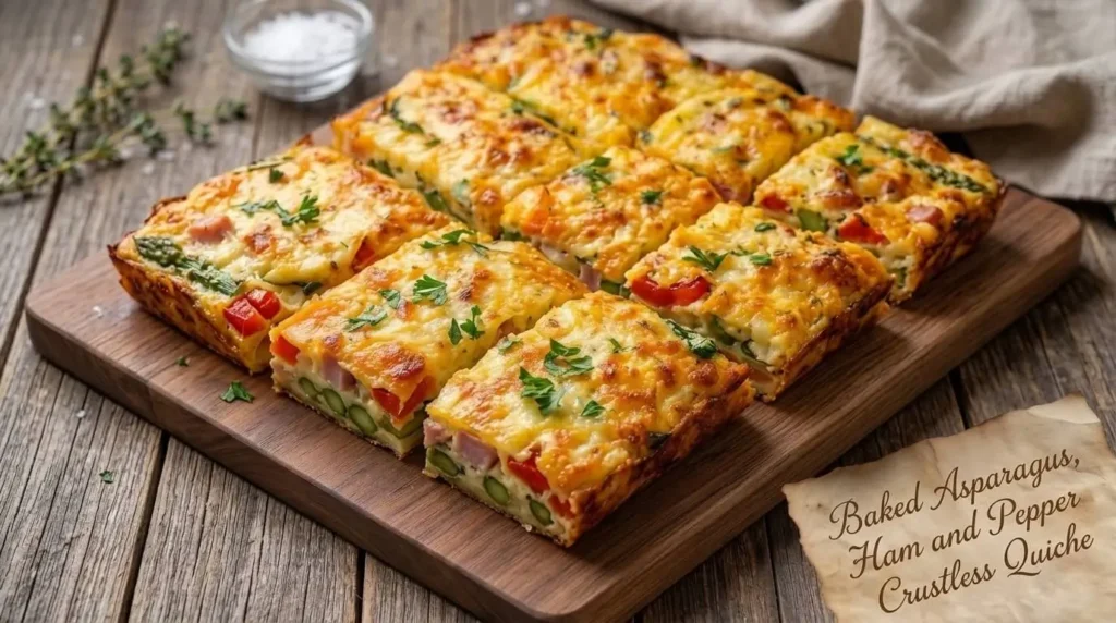 A golden brown Baked Zucchini and Carrot Crustless Quiche cut into rectangular squares on a wooden board.
