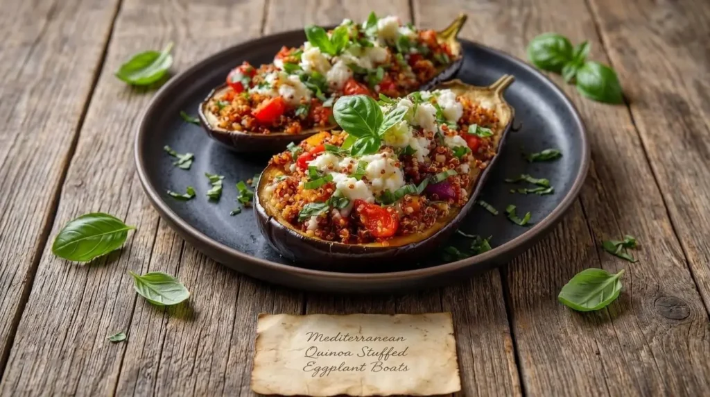 Mediterranean Quinoa Stuffed Eggplant Boats topped with feta cheese, cherry tomatoes, basil, and tri-color quinoa.