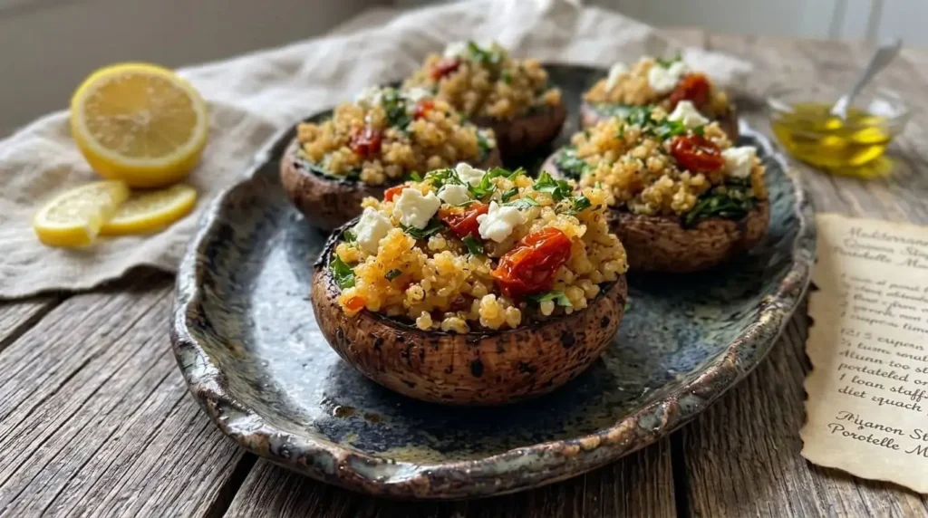 A platter of cooked Mediterranean Quinoa Stuffed Portobello Mushrooms garnished with fresh parsley and feta cheese on a rustic wooden table.