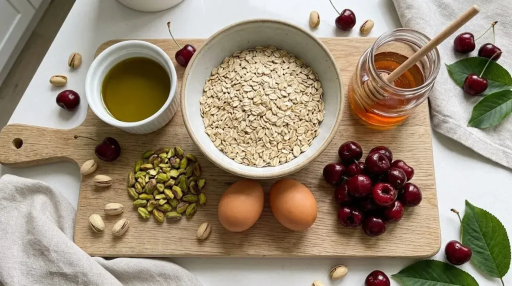 Ingredients for making healthy No-Flour Pistachio Cherry Oat Muffins including oats, pistachios, and fresh cherries.