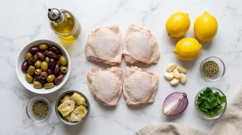 A top-down view of raw ingredients for Greek lemon chicken arranged neatly on a counter.