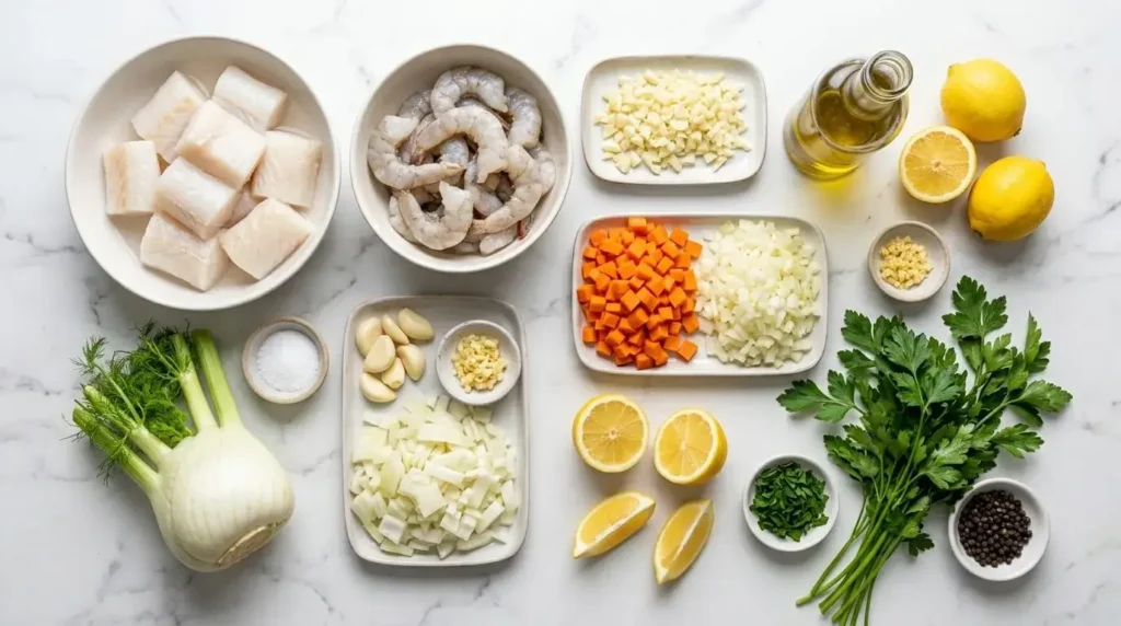 Fresh raw ingredients for Mediterranean-style fish and shrimp stew including white fish, shrimp, fennel, garlic, and lemons.