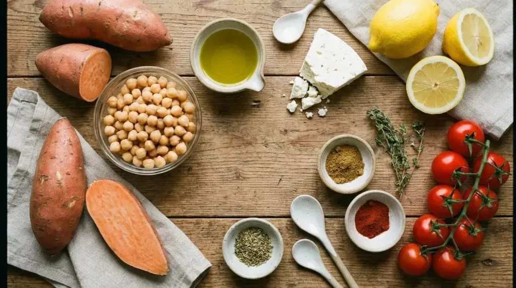 Fresh whole ingredients for chickpea sweet potato boats arranged cleanly on a wooden kitchen counter.