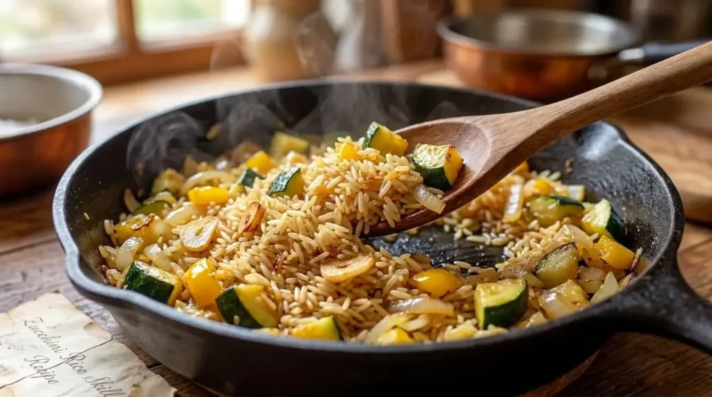 Toasting long grain basmati rice with sautéed zucchini and bell peppers in a skillet with olive oil