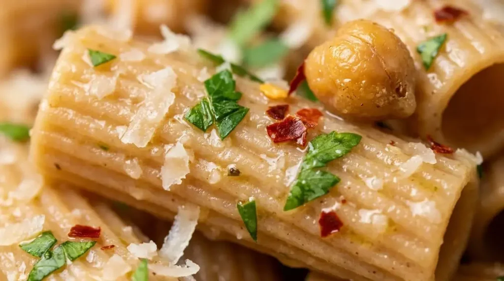 Close-up detail of glossy rigatoni pasta coated in garlic olive oil emulsion and grated Parmesan cheese.