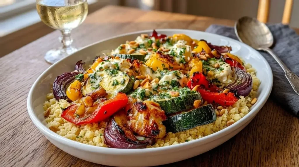 Platter of Mediterranean roasted vegetable and goat cheese couscous topped with toasted pine nuts and fresh herbs.