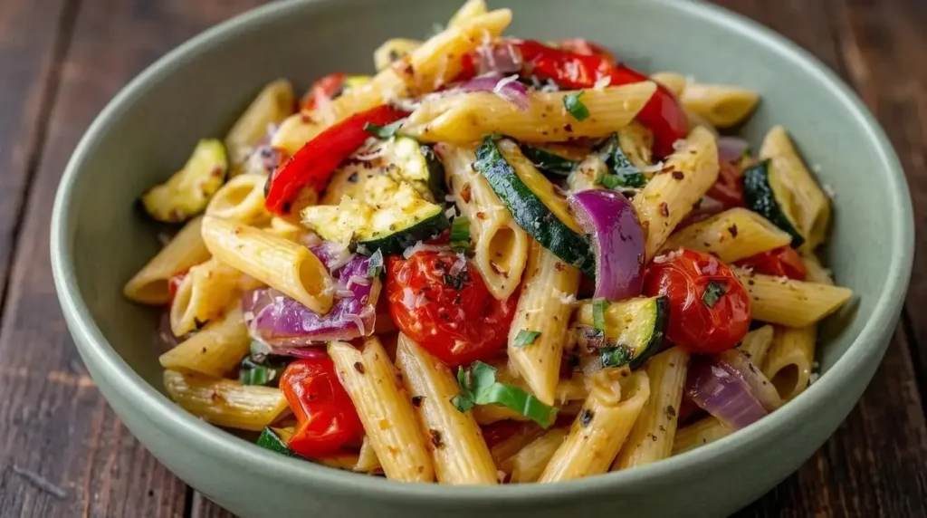 Roasted Vegetable Pasta Primavera Recipe with penne, zucchini, cherry tomatoes, roasted red peppers, onions, basil, Parmesan, and extra virgin olive oil.