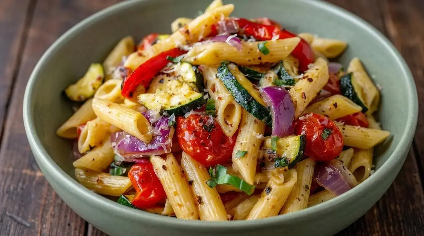 Roasted Vegetable Pasta Primavera Recipe with penne, zucchini, cherry tomatoes, roasted red peppers, onions, basil, Parmesan, and extra virgin olive oil.