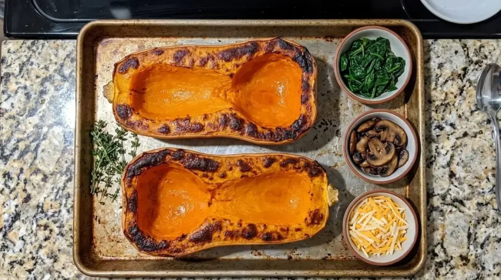 Roasted butternut squash halves prepared as boats for stuffing.