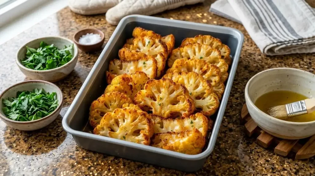 Tray of freshly baked garlic parmesan cauliflower steaks.