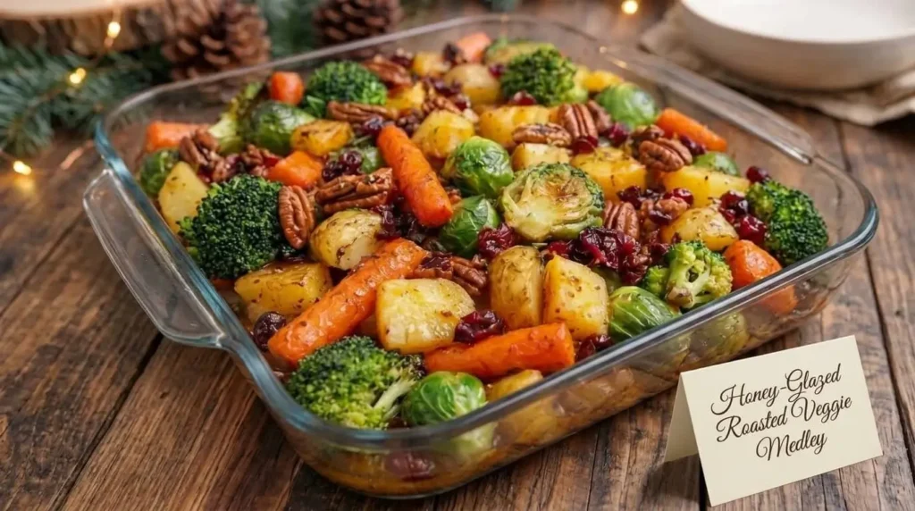 Close up of honey-glazed roasted veggie medley in a clear glass dish with pecans and cranberries on a wooden table with festive lights.