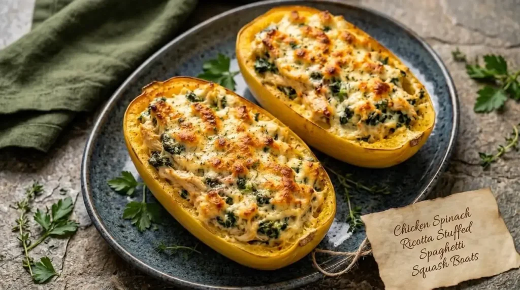 Two halves of Chicken Spinach Ricotta Stuffed Spaghetti Squash Boats with a golden-brown bubbled cheese crust on a blue speckled platter.