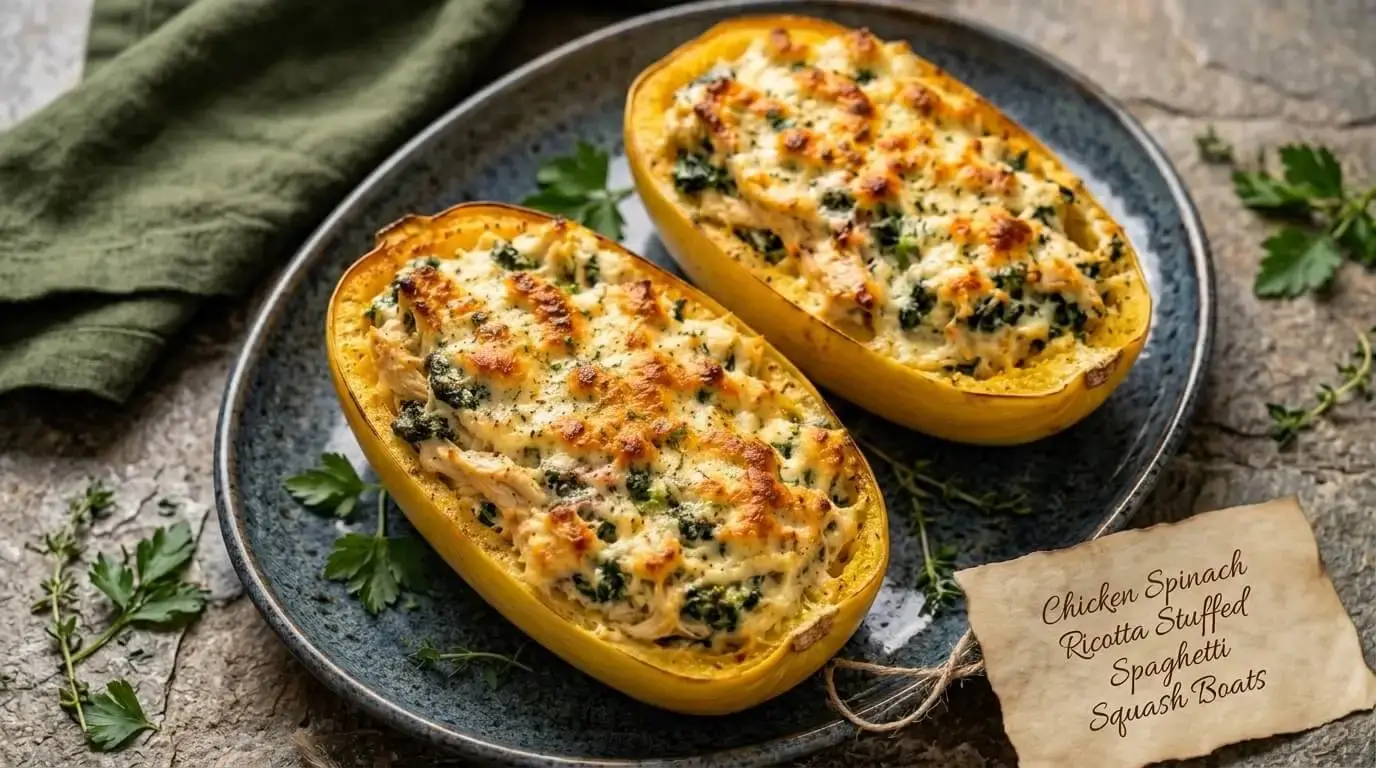 Two halves of Chicken Spinach Ricotta Stuffed Spaghetti Squash Boats with a golden-brown bubbled cheese crust on a blue speckled platter.