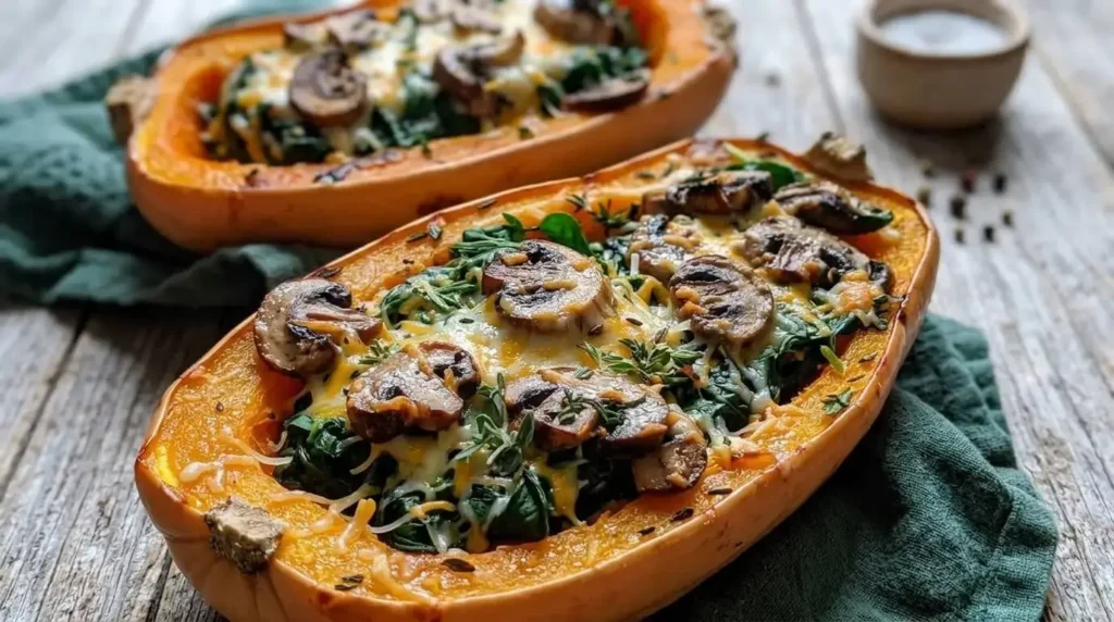 Two halves of a roasted butternut squash stuffed with mushrooms and spinach, topped with melted mozzarella and parmesan.