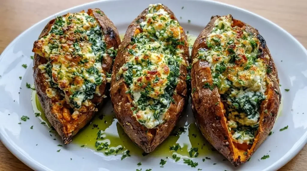 Three Spinach & Ricotta Stuffed Sweet Potatoes on a plate with fresh herb drizzle.
