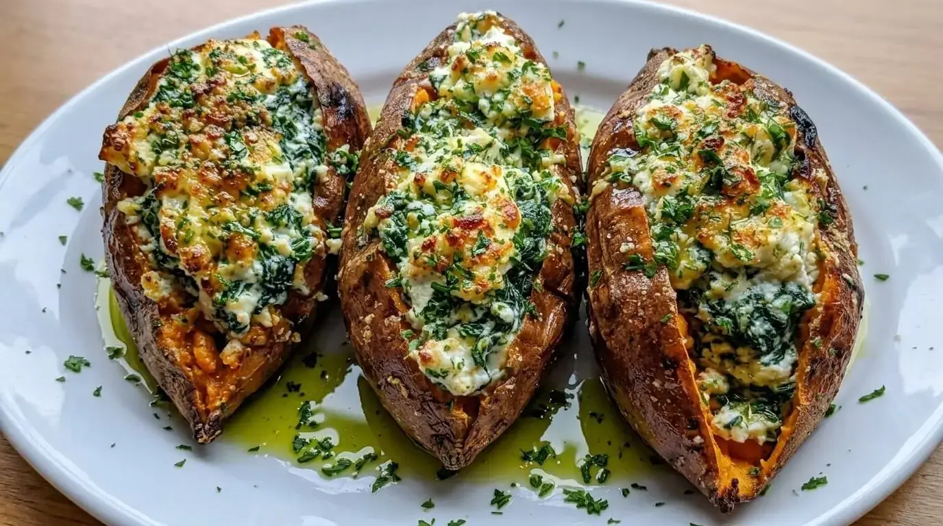 Three Spinach & Ricotta Stuffed Sweet Potatoes on a plate with fresh herb drizzle.