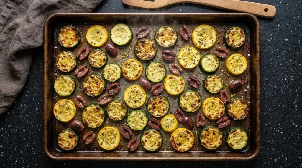 Caramelized roasted zucchini, yellow squash, and Kalamata olives seasoned with oregano on a metal baking sheet.