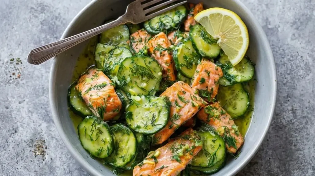 A grey ceramic bowl filled with Mediterranean Simple Salmon Cucumber Salad featuring flaky pan-seared salmon chunks, thin cucumber rounds, and fresh dill.