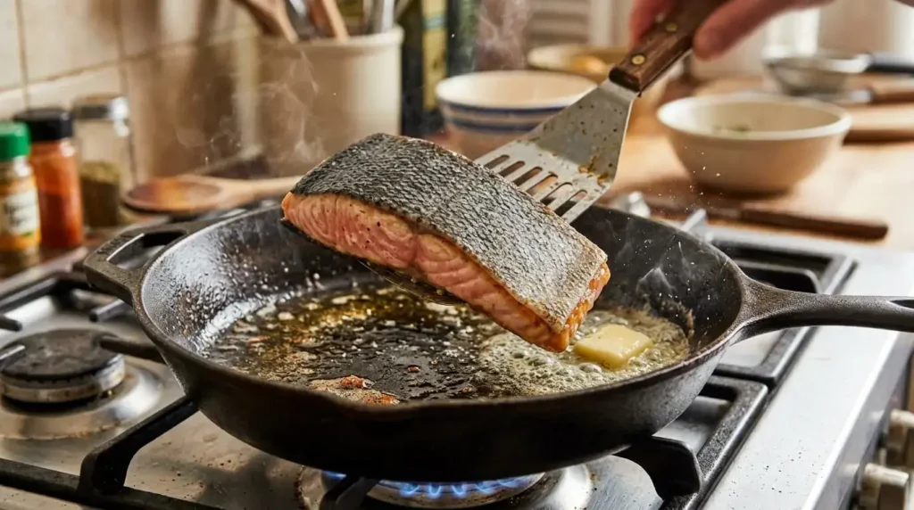 Searing seasoned salmon fillets in a hot skillet to create a golden, crispy crust.