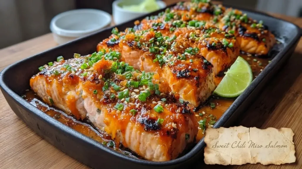 Broiled Sweet Chili Miso Salmon fillets with sticky caramelized glaze, chopped chives, and sesame seeds in a black baking pan.