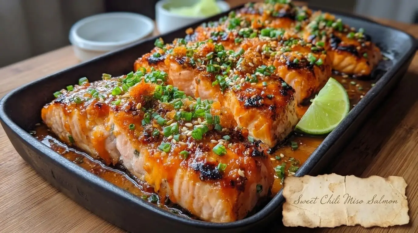 Broiled Sweet Chili Miso Salmon fillets with sticky caramelized glaze, chopped chives, and sesame seeds in a black baking pan.