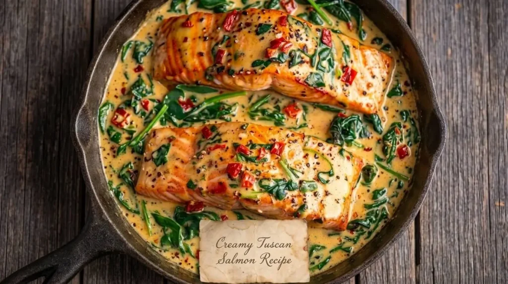 Creamy Tuscan Salmon Recipe with garlic Parmesan sauce, spinach, and sun-dried tomatoes in a skillet.