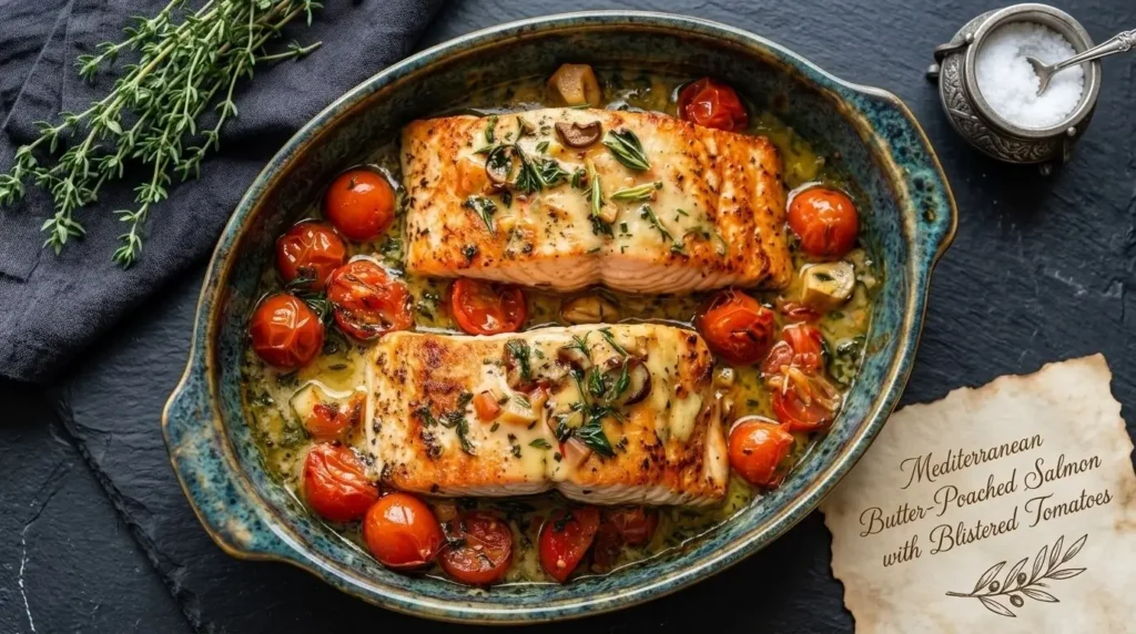 Oven-baked Mediterranean butter-poached salmon with burst cherry tomatoes and fresh herbs in a ceramic baking dish.