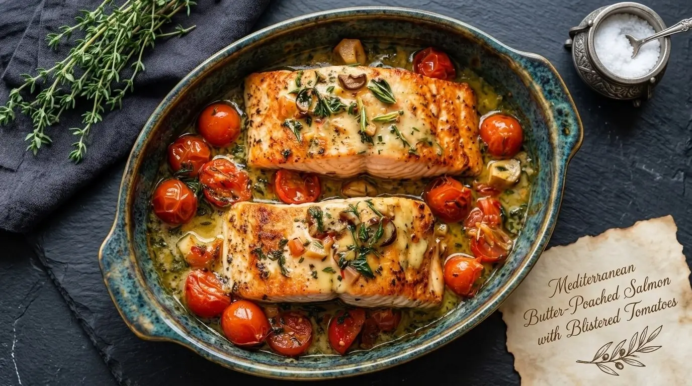Oven-baked Mediterranean butter-poached salmon with burst cherry tomatoes and fresh herbs in a ceramic baking dish.