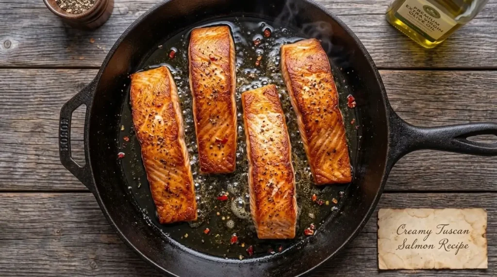 Pan-searing salmon fillets in a skillet until golden brown for Tuscan salmon recipe.