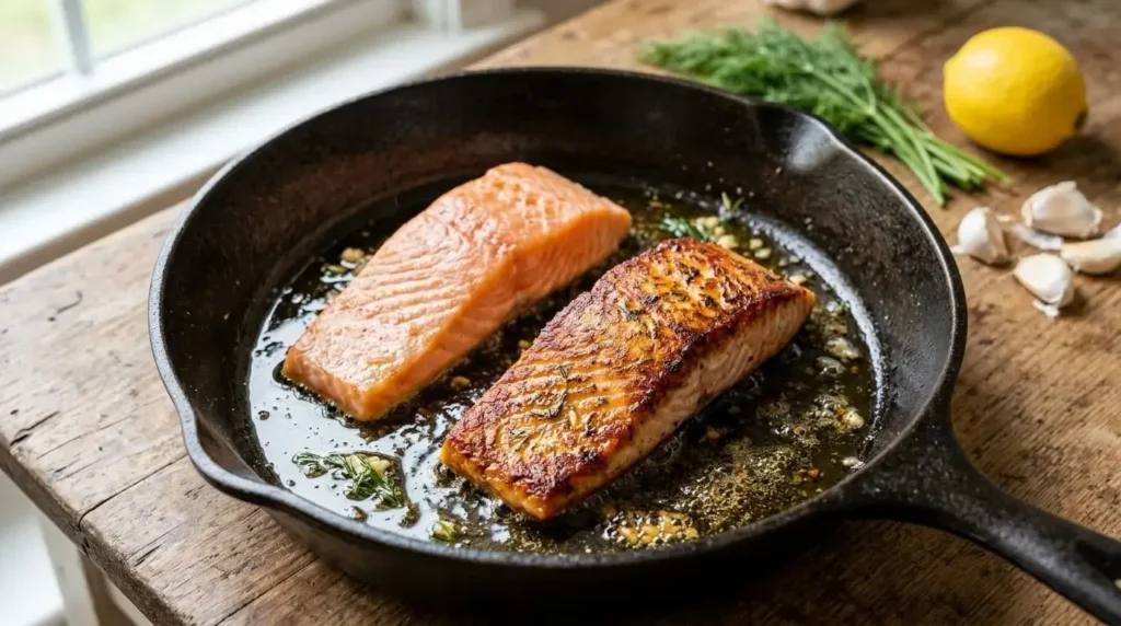 Searing salmon fillets in a hot cast-iron skillet to achieve a crispy golden crust.