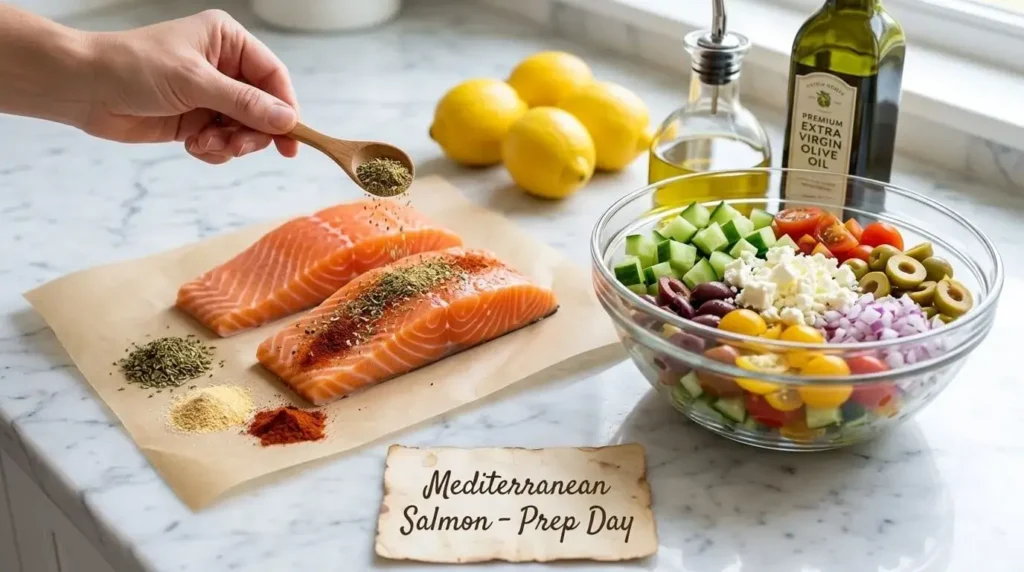 Raw salmon fillets being seasoned next to a bowl of fresh Greek cucumber tomato salsa ingredients.