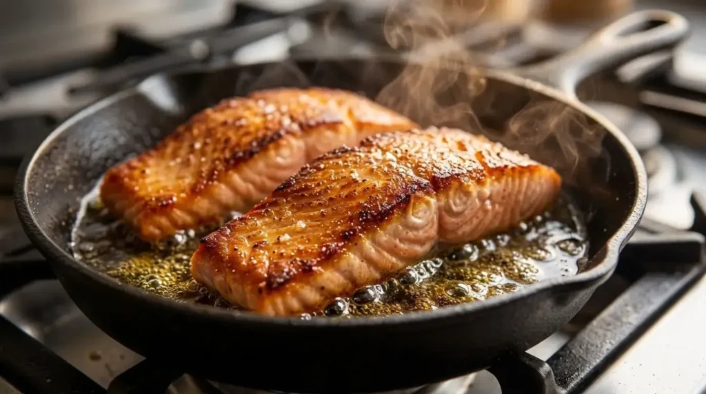 Salmon fillets searing in a hot skillet pan with olive oil creating a golden crust.