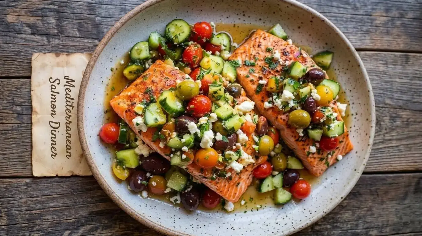 Pan-seared Mediterranean salmon fillets topped with cucumber tomato feta salsa on a ceramic plate.