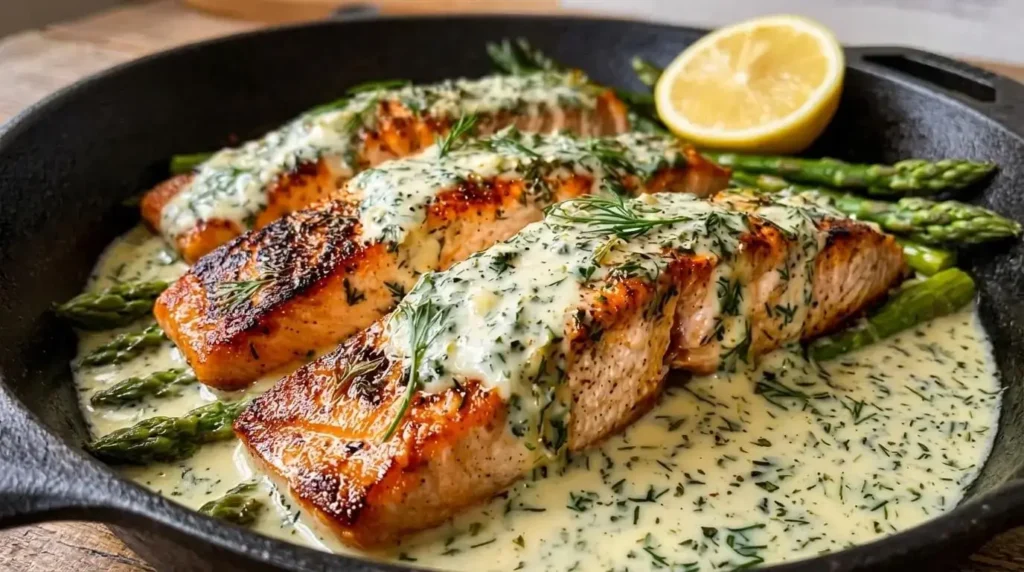 Golden pan-seared salmon fillets on a bed of green asparagus, covered in a creamy lemon dill sauce and garnished with fresh herbs in a black skillet.