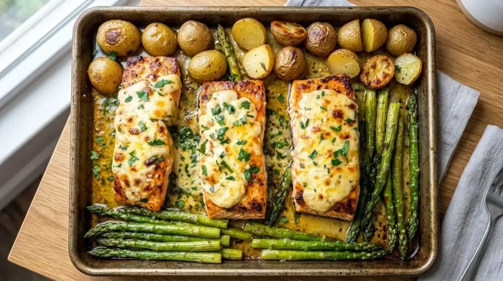 Sheet pan garlic butter cheese-crusted salmon with crispy roasted baby potatoes and blistered asparagus spears.