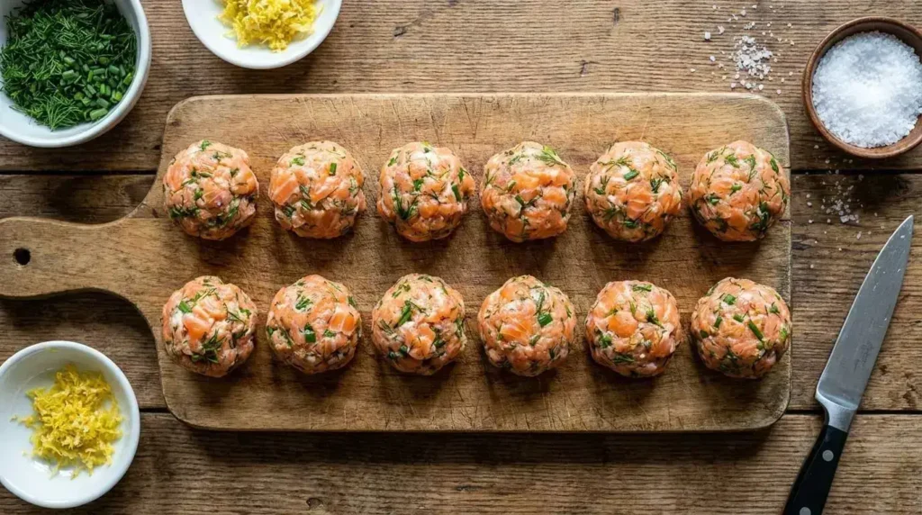 Uniformly rolled raw salmon meatballs with visible bits of fresh herbs and lemon zest arranged neatly on a parchment-lined baking sheet.