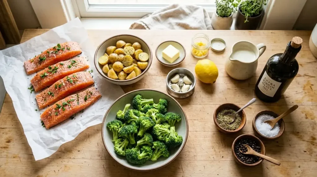 An overhead shot of raw ingredients on a wooden counter for Lemon Butter Salmon with Crispy Potatoes and Broccoli, including four seasoned salmon fillets, a bowl of halved baby potatoes, fresh broccoli, lemon, butter, garlic, olive oil, heavy cream, and spices.