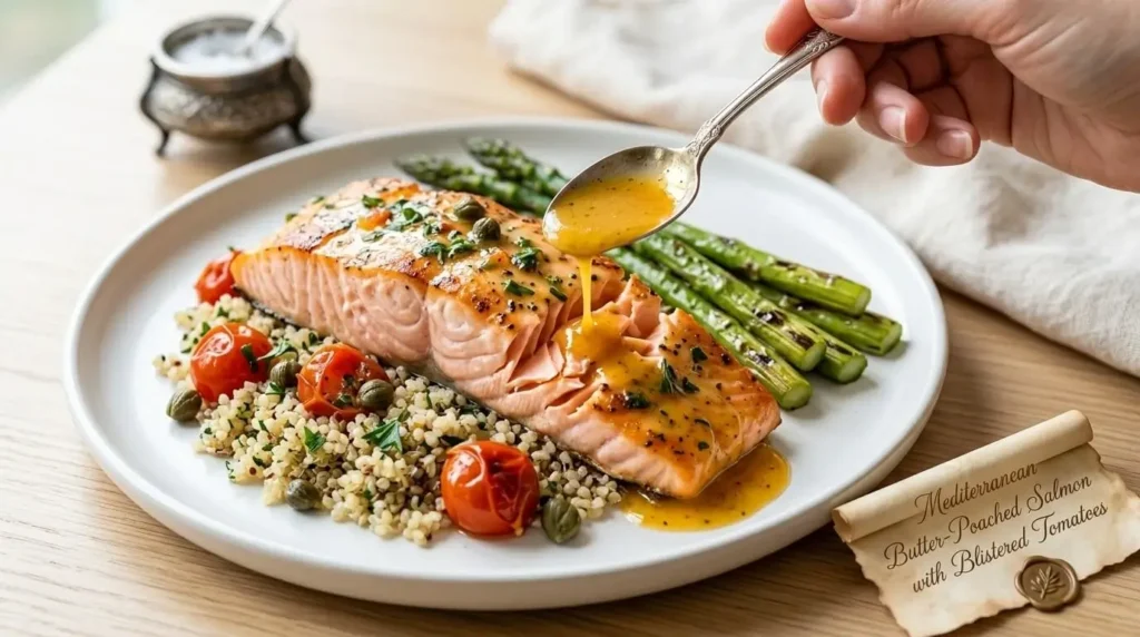 A plated portion of flaky garlic butter salmon served with quinoa, asparagus, and a burst tomato sauce garnish.