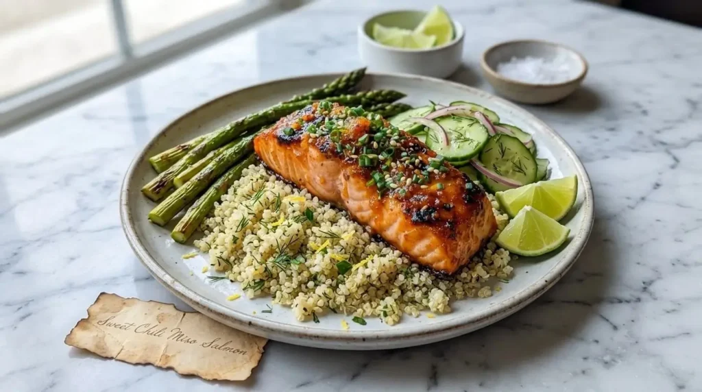 Plated Sweet Chili Miso Salmon served with lemon herb quinoa, roasted asparagus, and lime wedges.